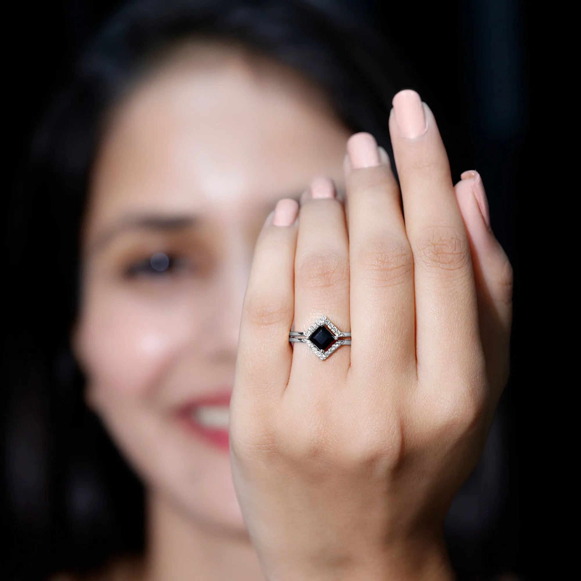 0.75 CT Minimal Princess Cut Black Onyx and Diamond Engagement Enhancer Ring Set