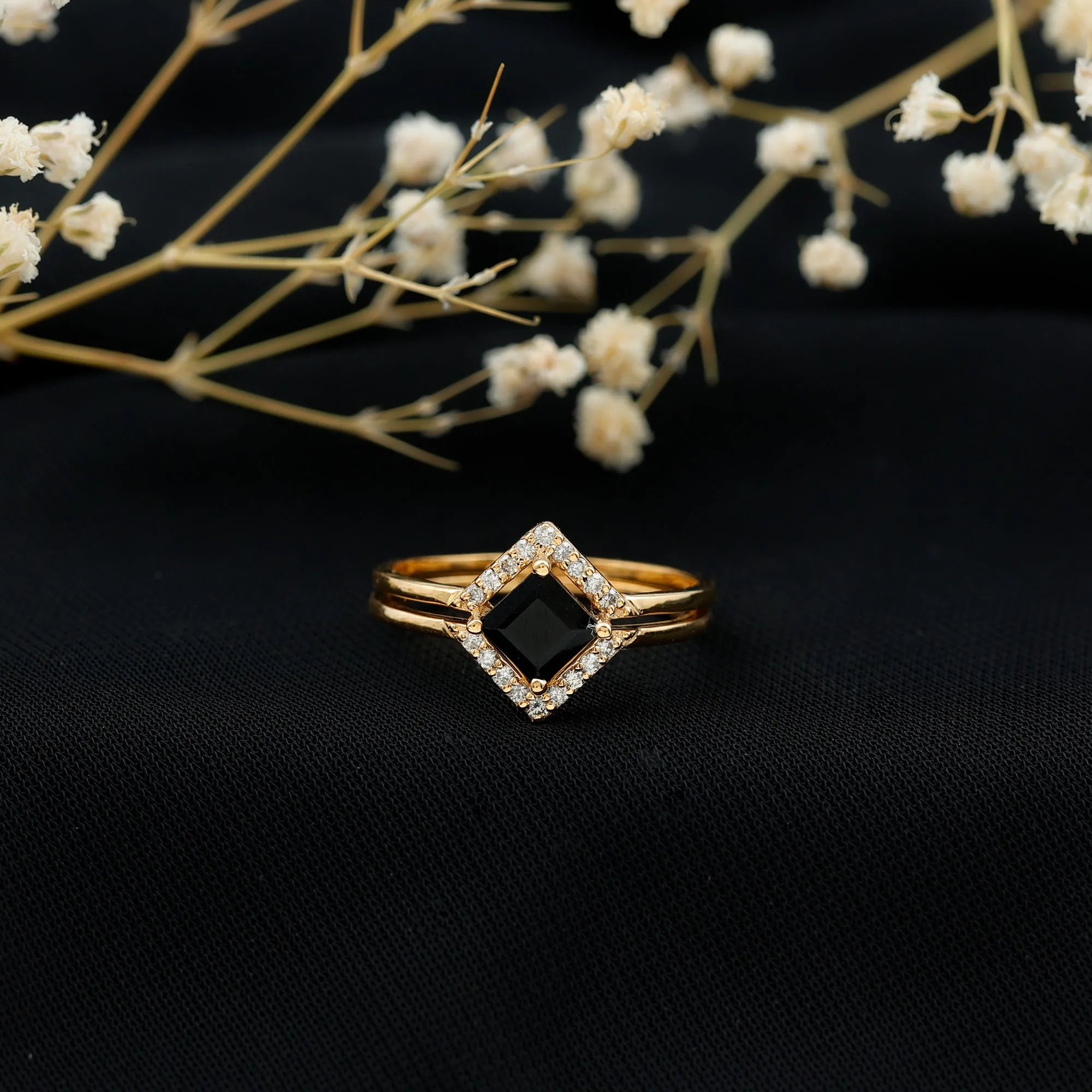 0.75 CT Minimal Princess Cut Black Onyx and Diamond Engagement Enhancer Ring Set