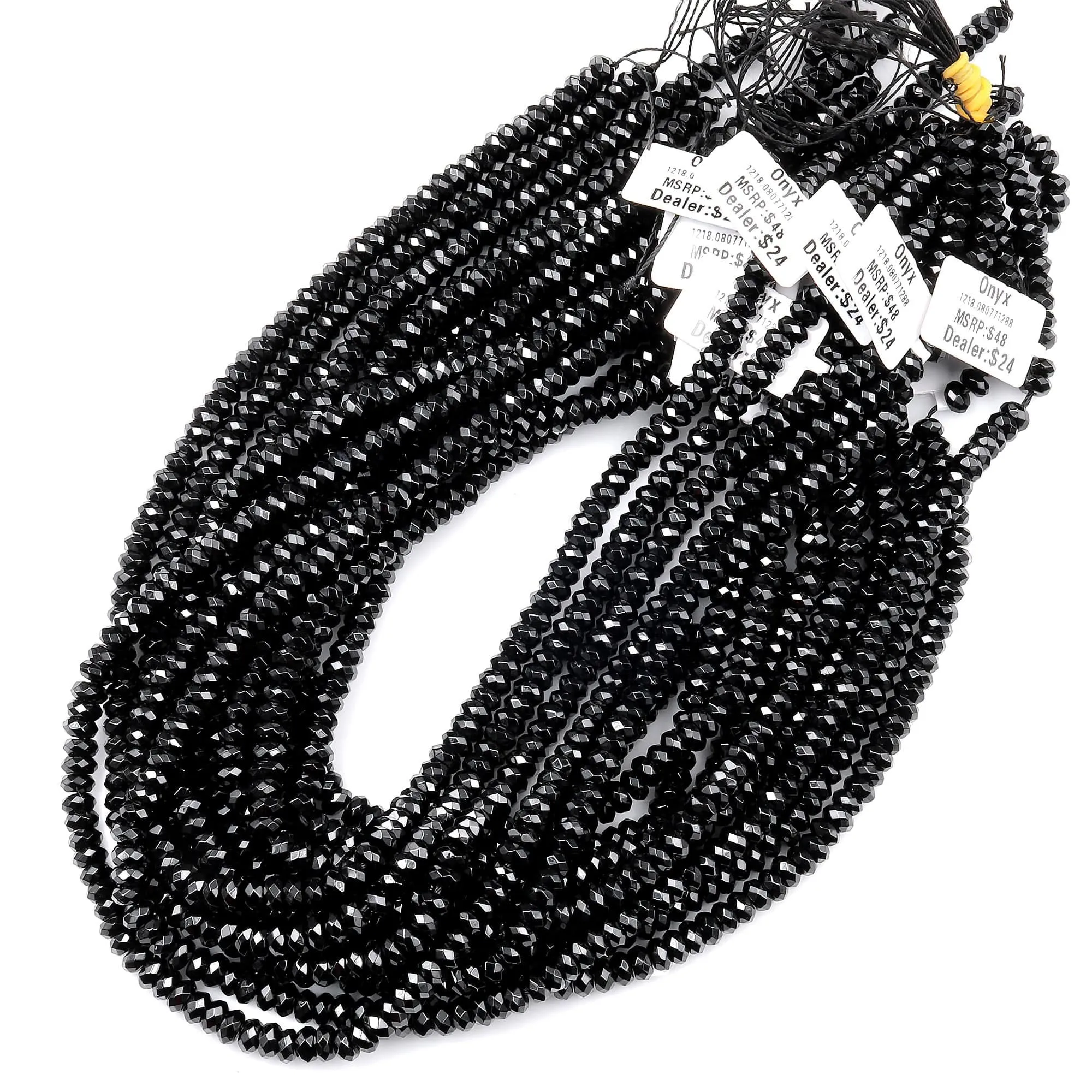 AAA Faceted Natural Black Onyx Rondelle Beads Faceted 4mm 6mm 8mm High Quality Natural Black Gemstone 15.5" Strand