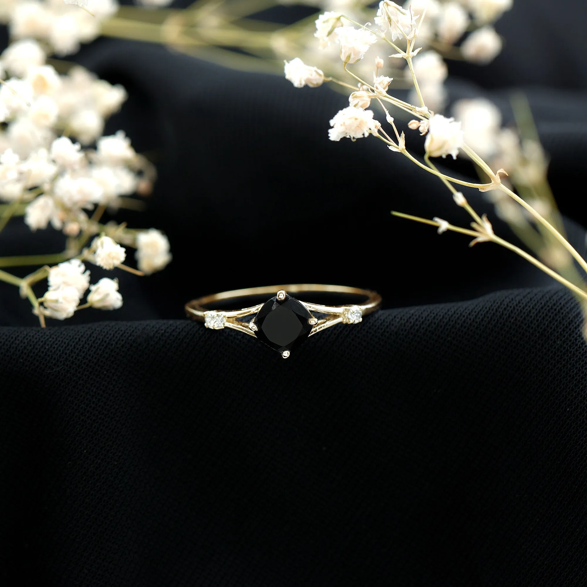 Cushion Black Onyx Split Shank Engagement Ring with Diamond
