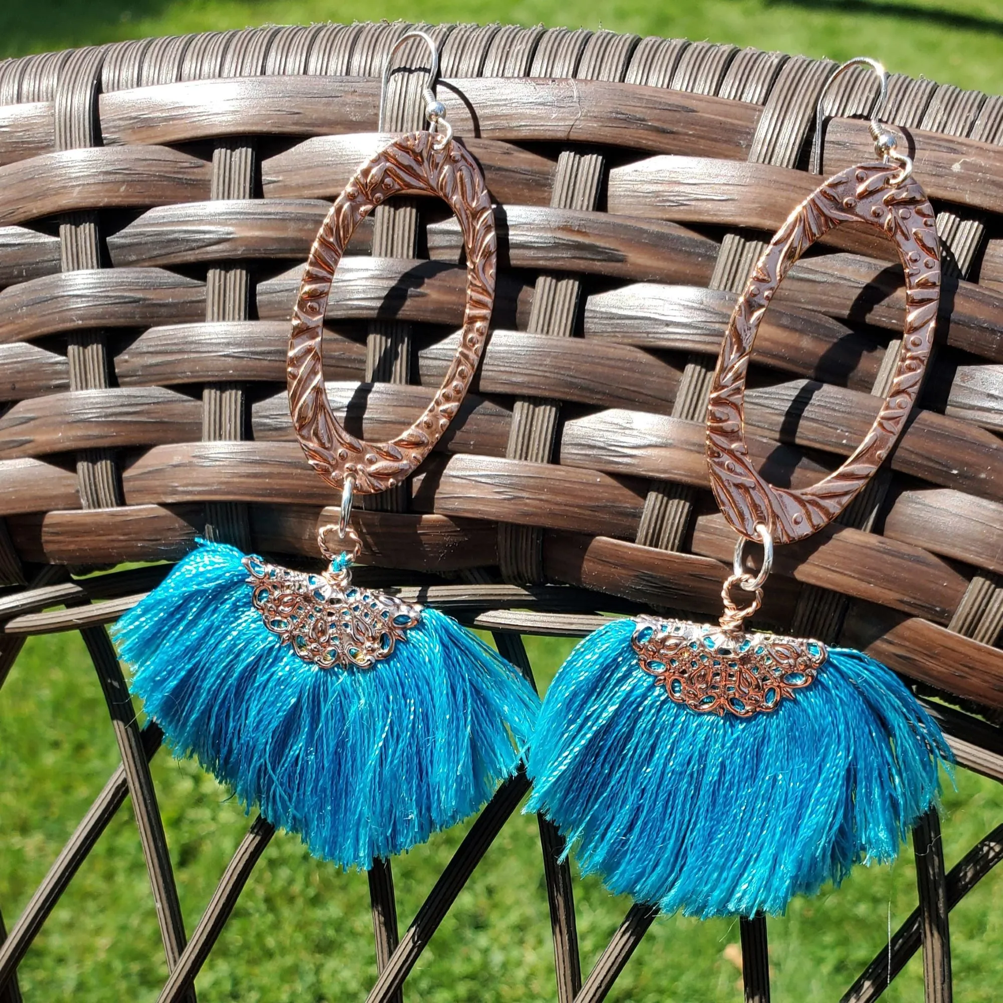 Long Copper Embossed Aqua Brushed Silk Fan Tassel Earrings