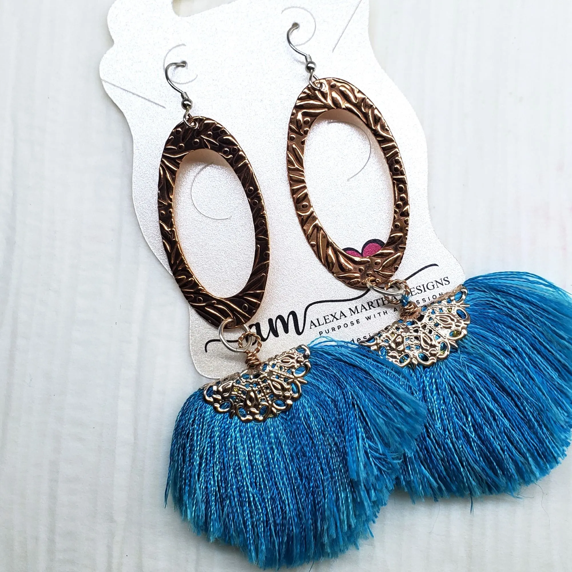 Long Copper Embossed Aqua Brushed Silk Fan Tassel Earrings