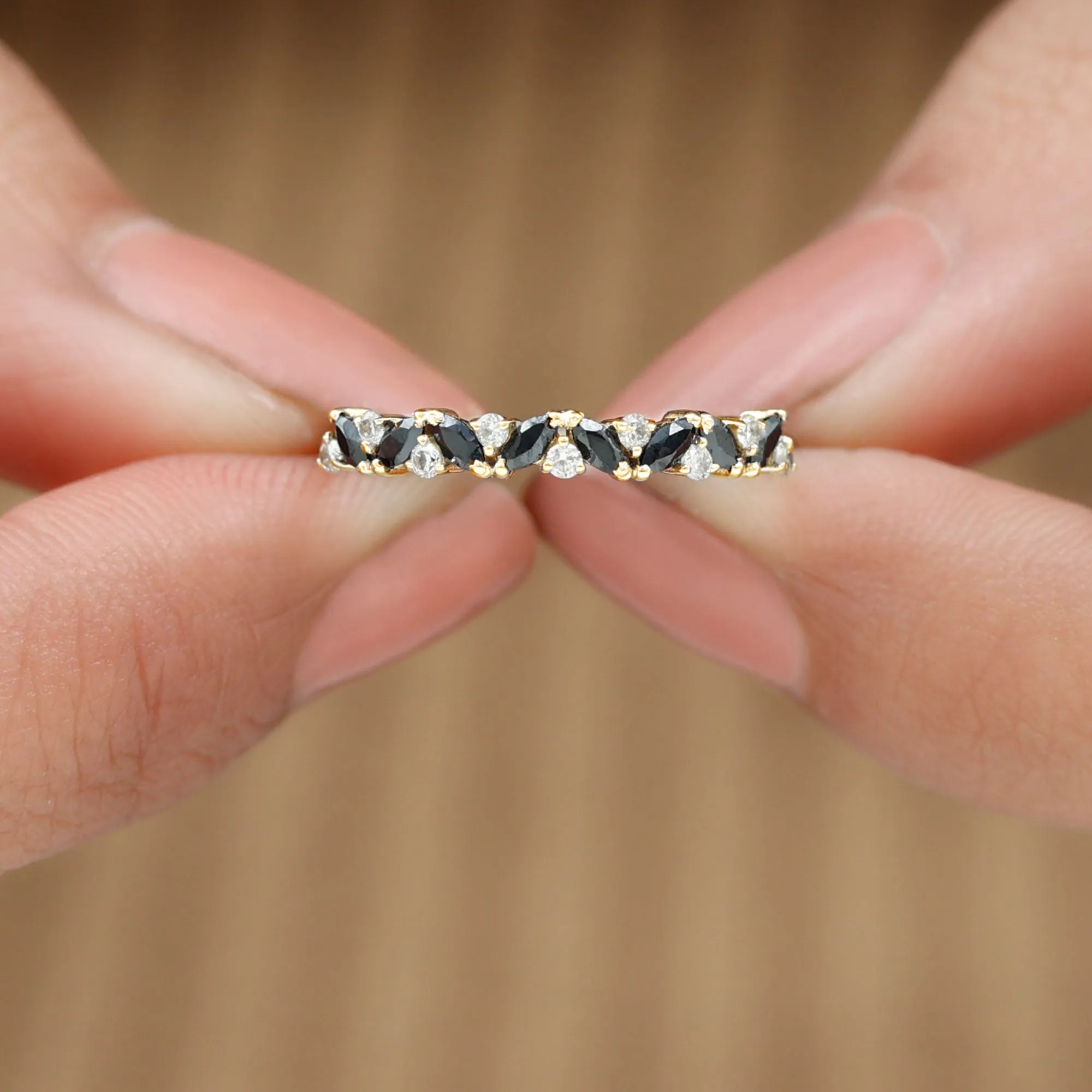 Marquise Black Onyx and Diamond Half Eternity Ring in Gold