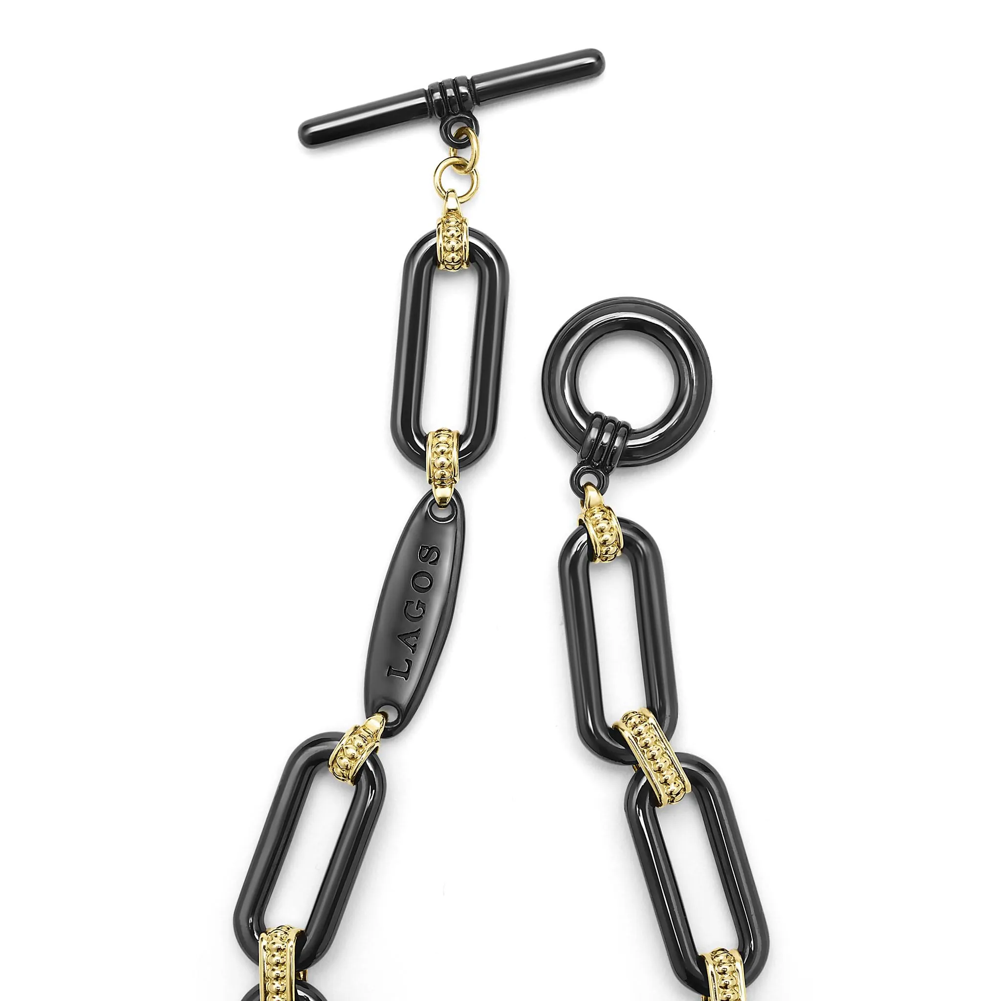 Signature Caviar 18K Gold and Black Ceramic Diamond Station Link Bracelet | 10mm