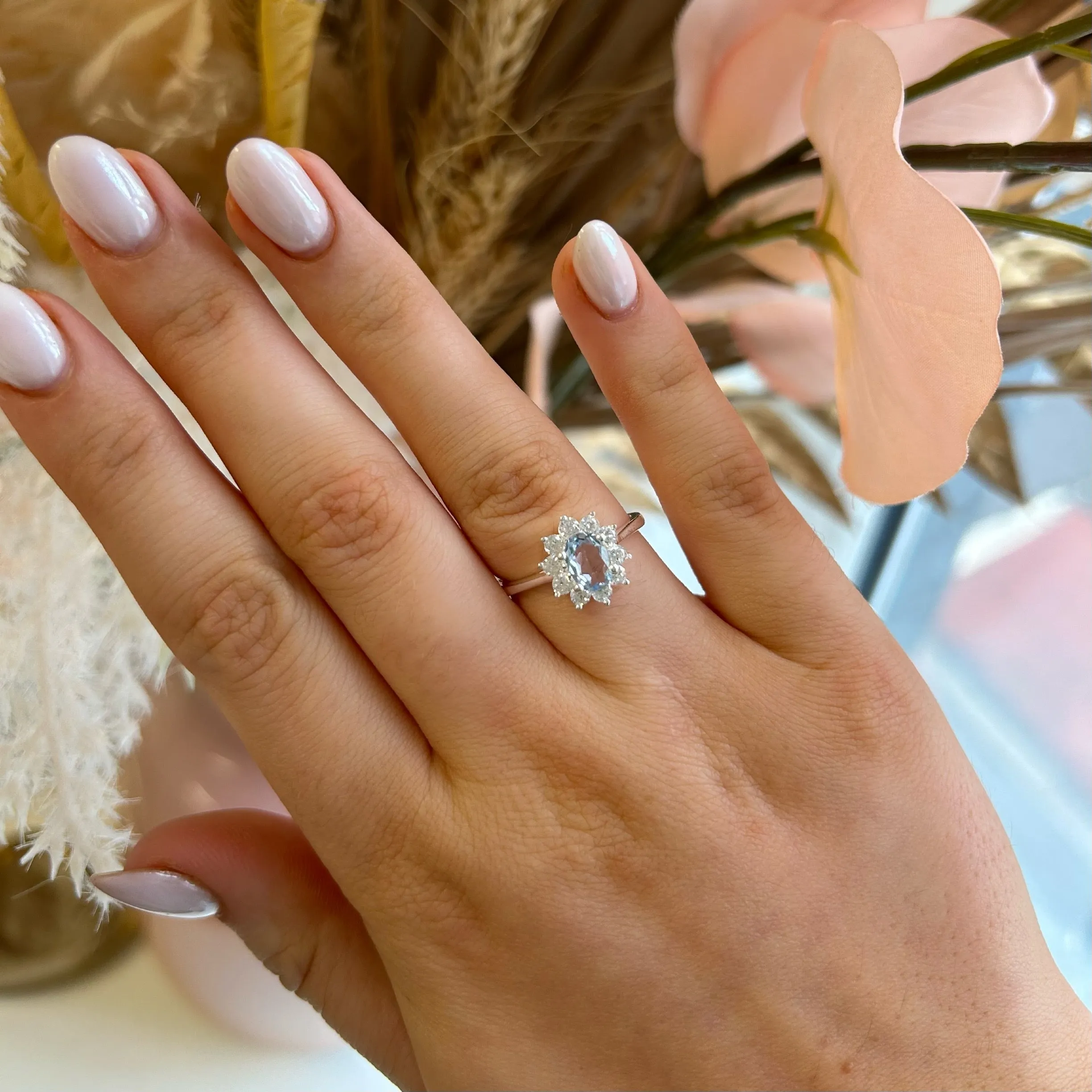Sterling Silver Aquamarine & Cz Cluster Ring